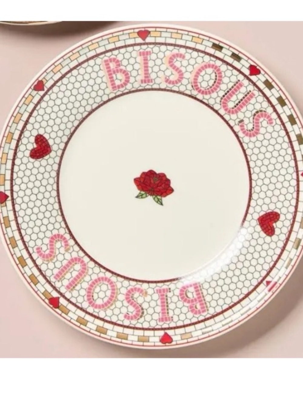Anthropologie Bistro Tile Stoneware 24k
Gold Accent Dessert Plate: Valentine's